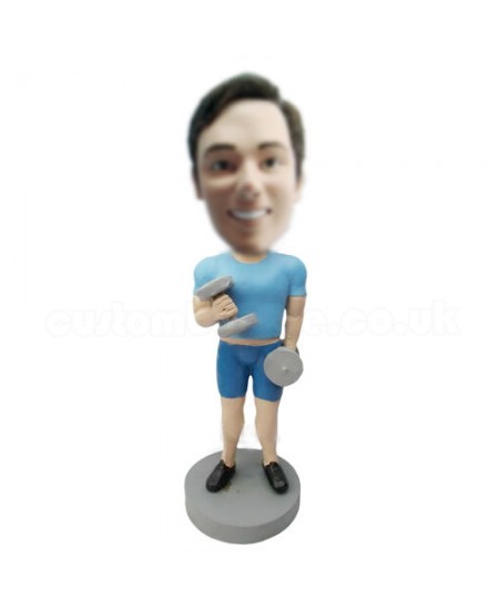 custom bobble head fitness man carrying dumbbells
