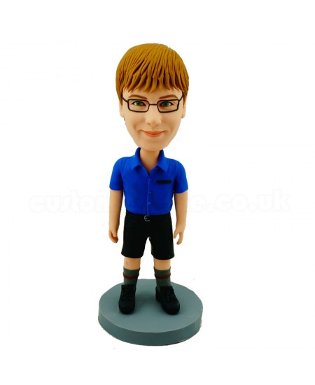 custom casual girl bobblehead in blue blous and black shorts