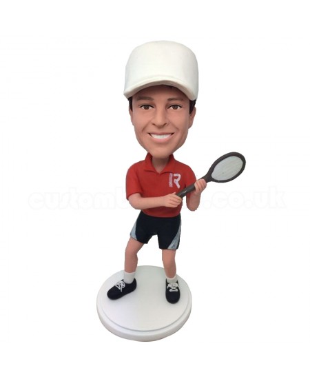 custom male bobblehead waving a tennis bat