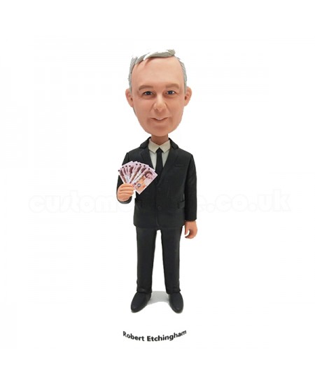 custom smart man bobblehed in formal suit waving money