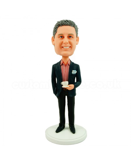 customised office colleague in black suit holding a coffee cup