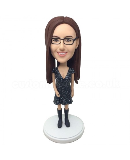 customised pretty girl bobblehead in one piece black dress
