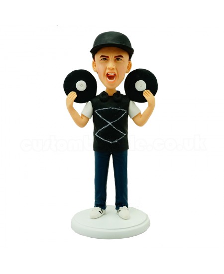 dj personalised bobblehead holding up two records
