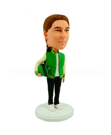 green cardigan over white plain shirt holding a bike helmet personalised bobblehead