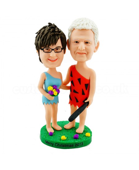 personalised couple bobblehead in fancy dress with a wooden stick