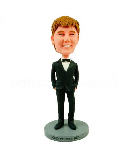 personalised groomsman bobblehead in black suit with bow tie