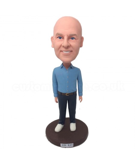 personalised male bobblehead in blue shirt bobblehead