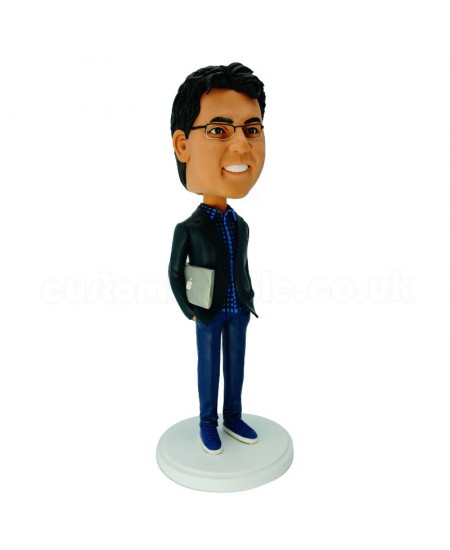 personalised smart man bobblehead carrying a mac laptop