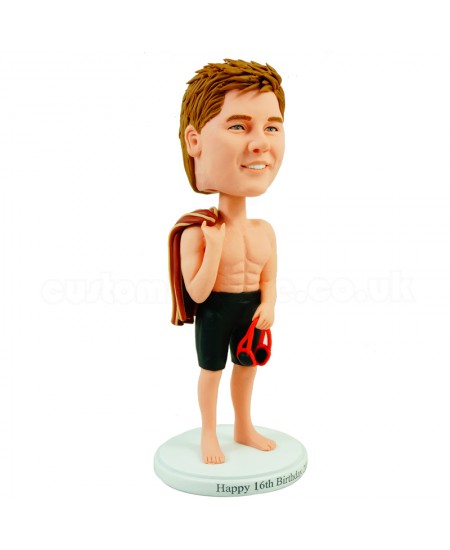 personalised strong swimmer bobblehead with school uniform on the back