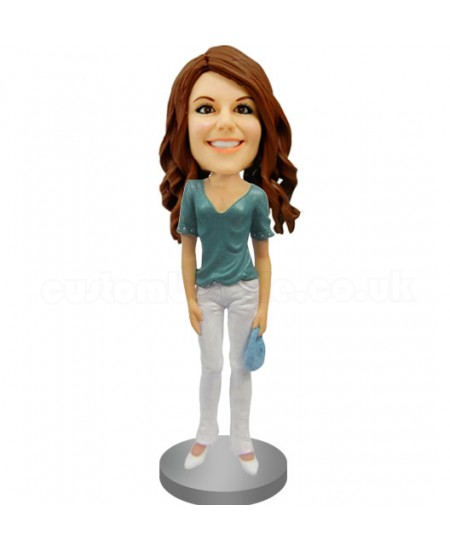 custom bobblehead in v-neck and skinny jeans