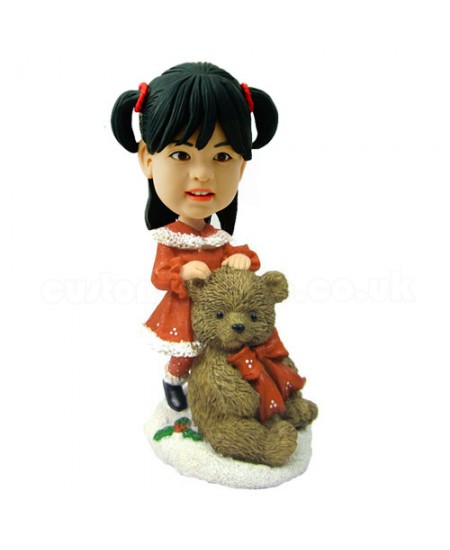 customised christmas bobble head child with large teddy bear