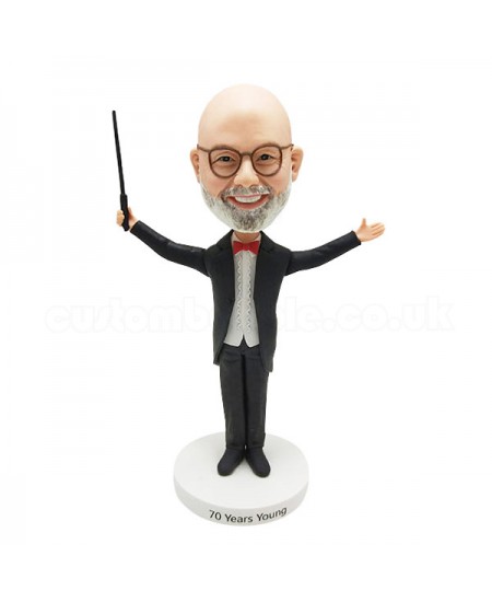 Wearing a fashionable formal dress and swinging the baton custom bobblehead conductor