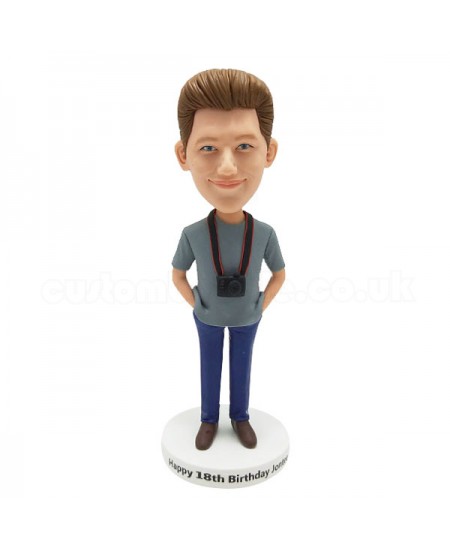With a camera hung on neck custom photographer bobblehead