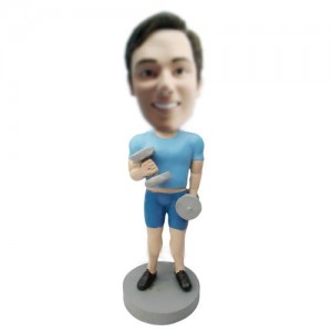 custom bobble head fitness man carrying dumbbells