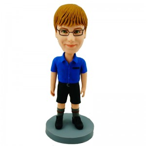 custom casual girl bobblehead in blue blous and black shorts
