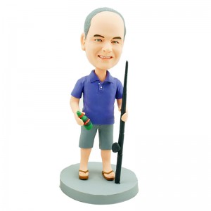 custom fishing man bobblehead carrying a rod