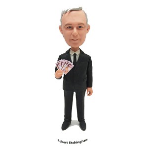 custom smart man bobblehed in formal suit waving money