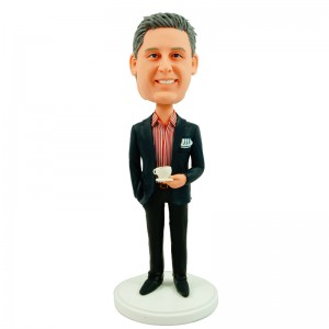 customised office colleague in black suit holding a coffee cup