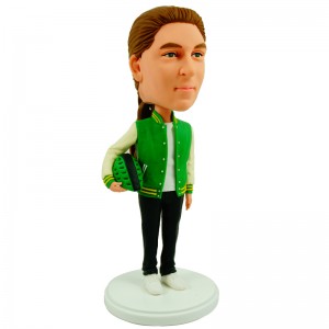 green cardigan over white plain shirt holding a bike helmet personalised bobblehead