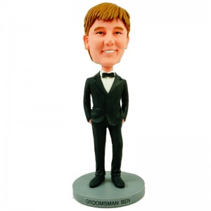 personalised groomsman bobblehead in black suit with bow tie