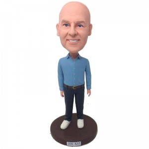 personalised male bobblehead in blue shirt bobblehead
