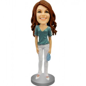 custom bobblehead in v-neck and skinny jeans