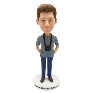 With a camera hung on neck custom photographer bobblehead
